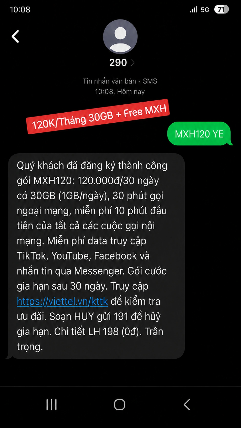 Đăng ký gói MXH120 Viettel soạn: MXH120 VTX gửi 290
