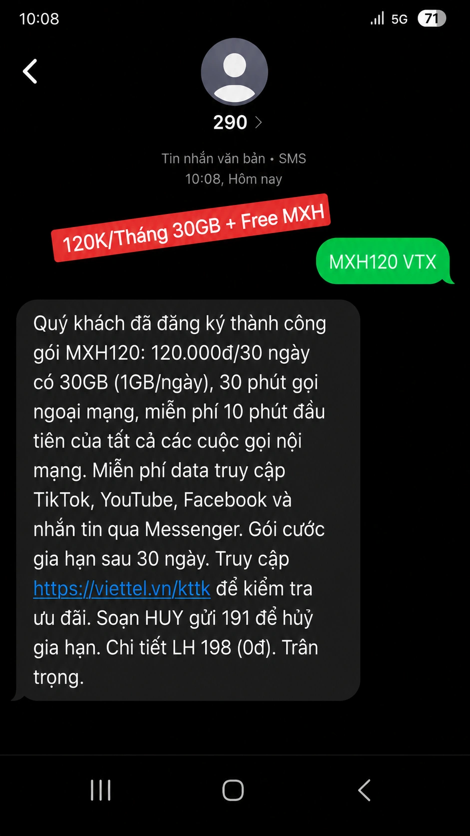 Đăng ký gói MXH120 Viettel soạn: MXH120 VTX gửi 290