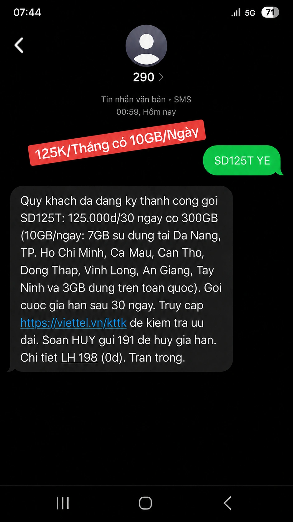 Đăng ký gói SD125T Viettel soạn: SD125T YE gửi 290