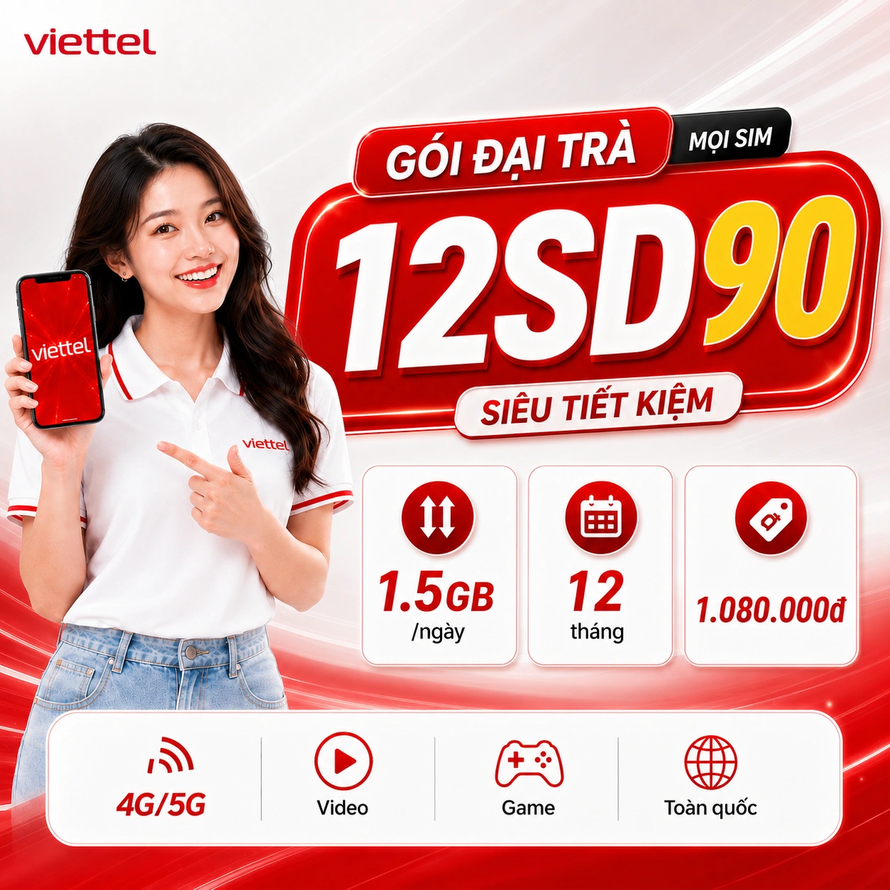 Gói 12SD90 Viettel 1.5GB mỗi ngày 540GB trong 360 ngày