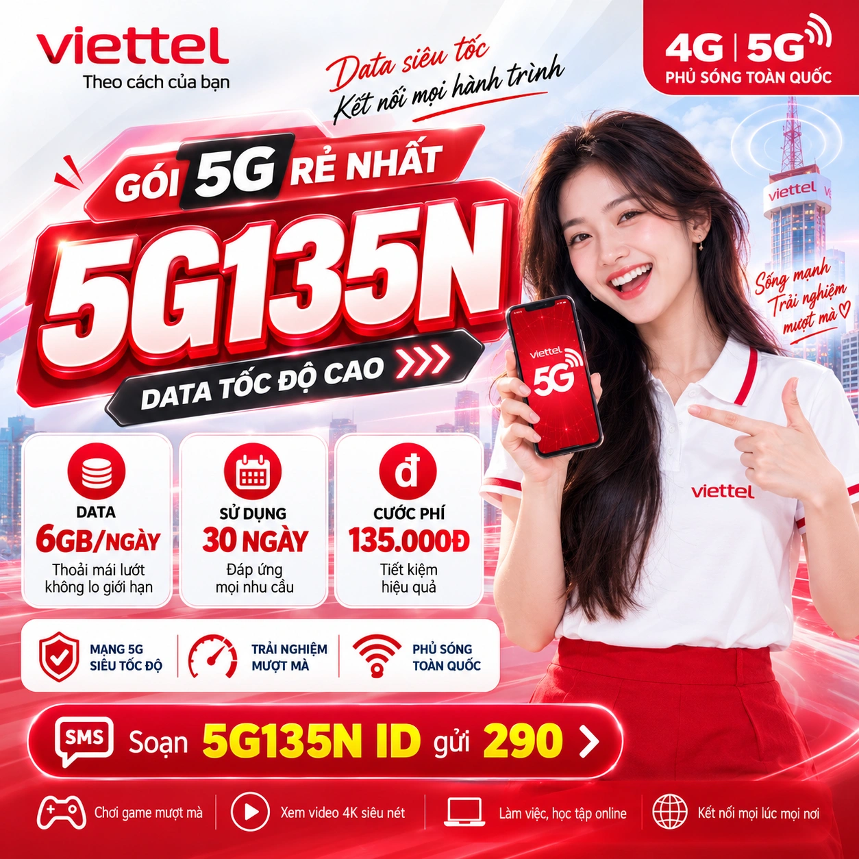 Gói 5G135N Viettel — 6GB/ngày tốc độ 5G, TV360 Basic miễn phí, giá 135.000đ/30 ngày
