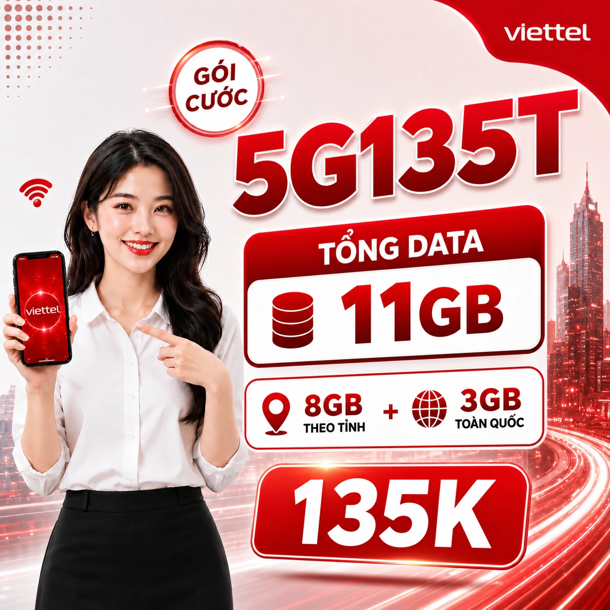 Gói 5G135T Viettel — 11GB/ngày, 4G+5G, áp dụng 8 Zone, giá 135.000đ/30 ngày