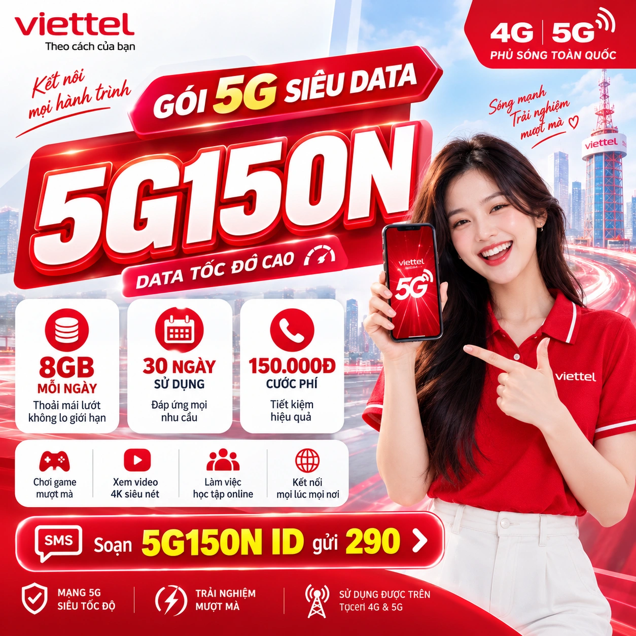 Gói 5G150N Viettel — 8GB/ngày data 5G, TV360 4K miễn phí, giá 150.000đ/30 ngày