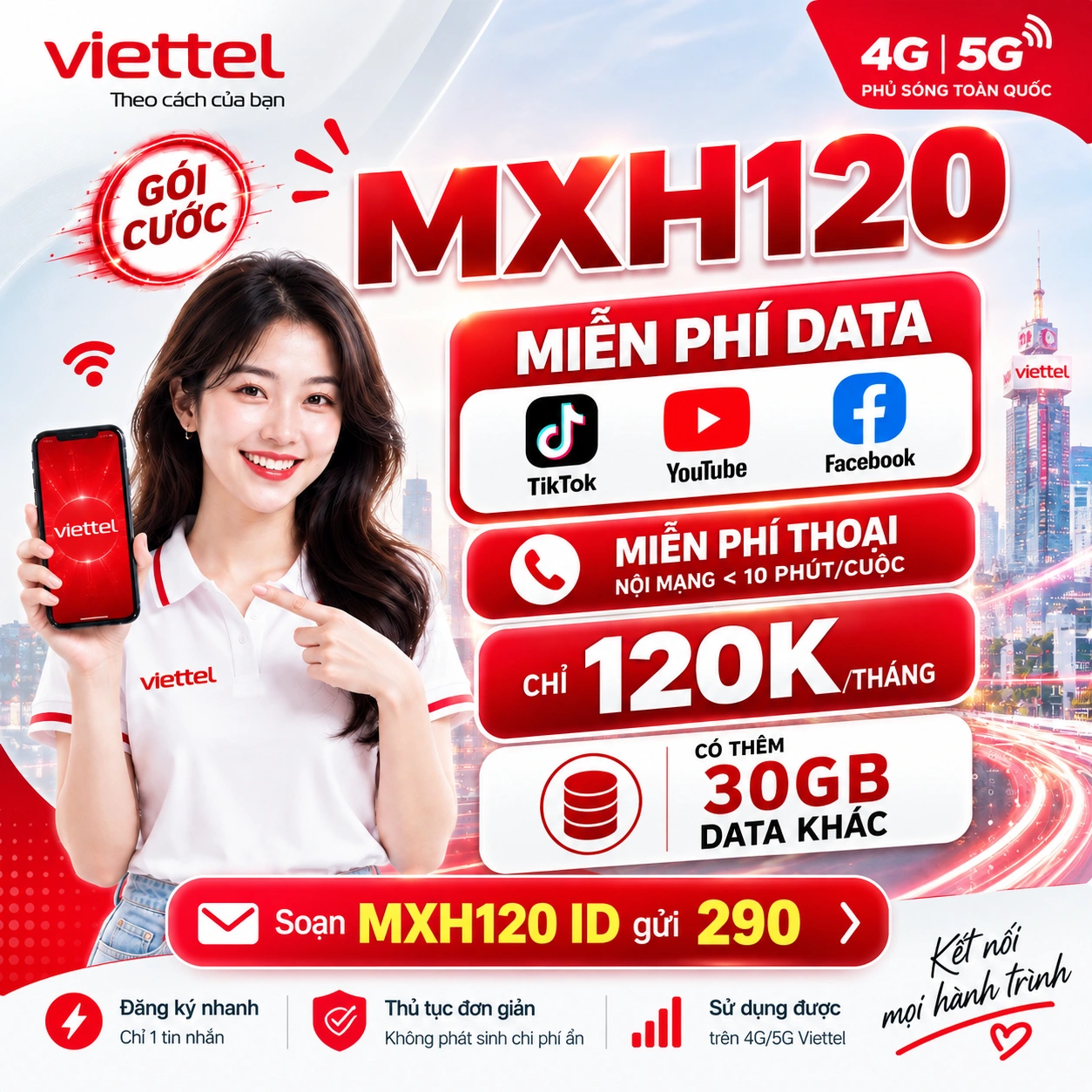 Gói MXH120 Viettel — 50GB TikTok, 50GB YouTube, 50GB Meta dùng chung, gọi nội mạng miễn phí, 30 phút ngoại mạng, giá 120.000đ/30 ngày