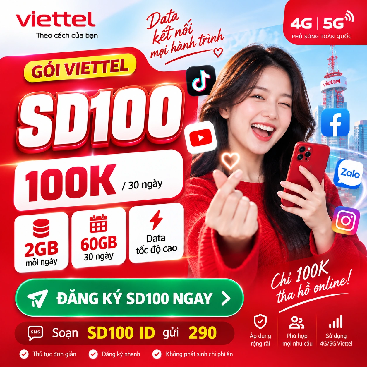 Gói SD100 Viettel 100K 2GB mỗi ngày