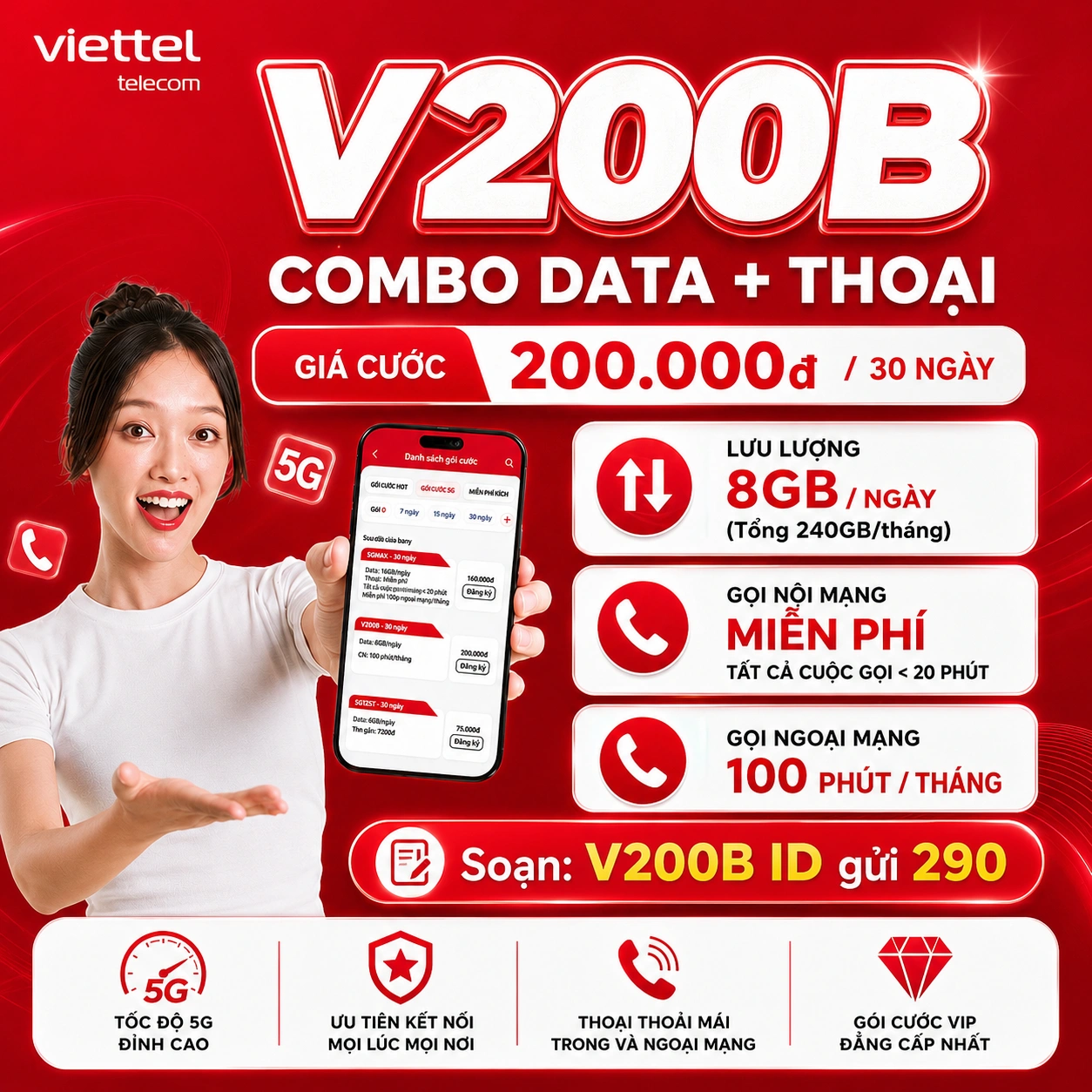 Gói V200B Viettel - 240GB Data + Free thoại nội mạng dưới 20 phút + 100 phút ngoại mạng