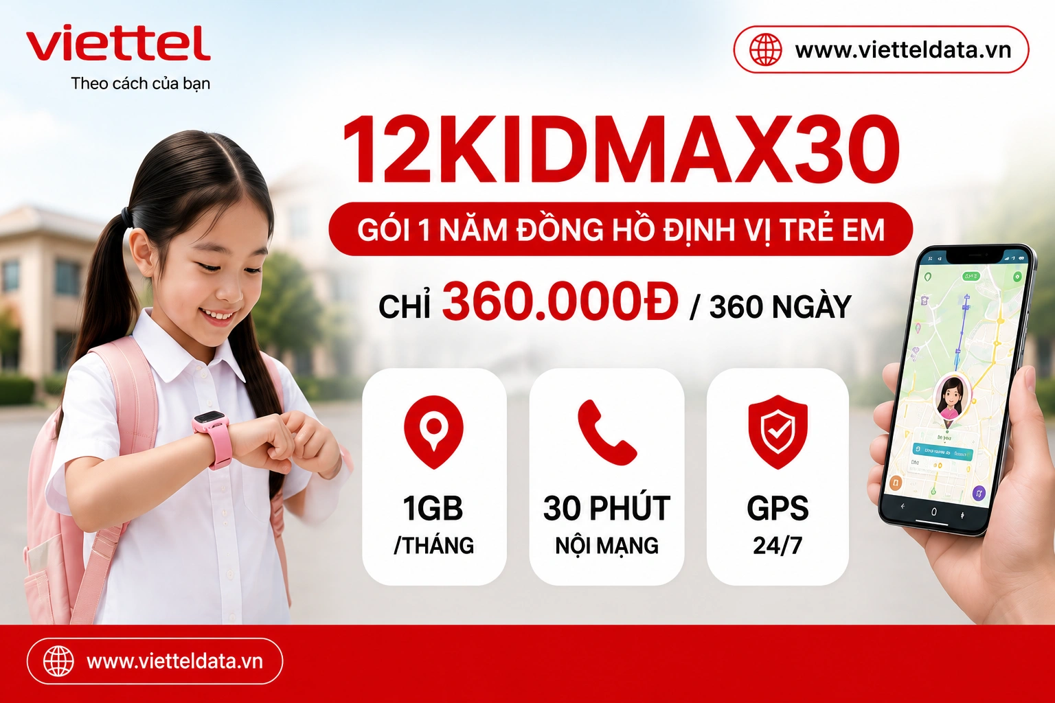 12KIDMAX30 Gói Viettel Đồng Hồ Định Vị 1 Năm