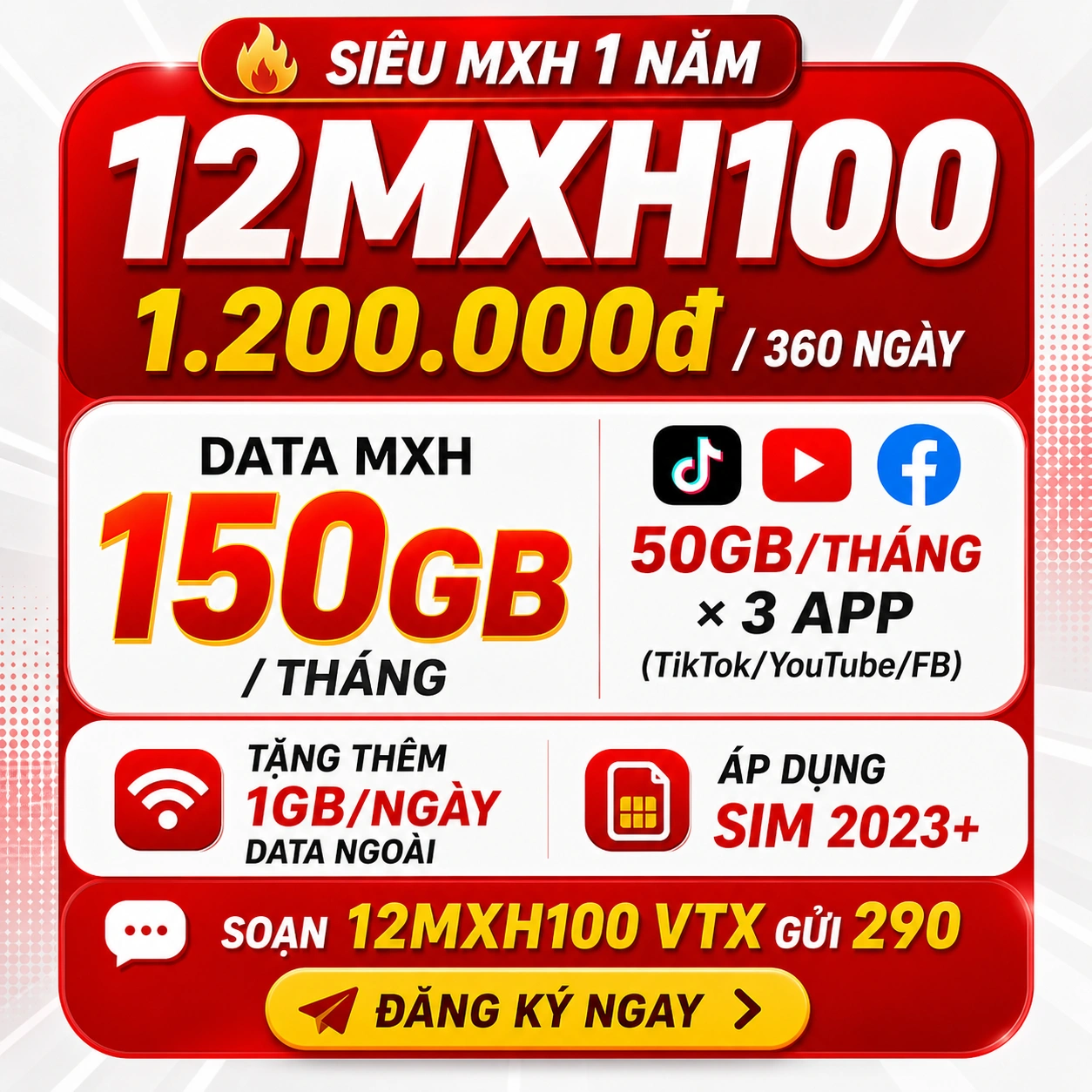 Gói cước 12MXH100 Viettel 1 Năm Free TikTok YouTube Facebook