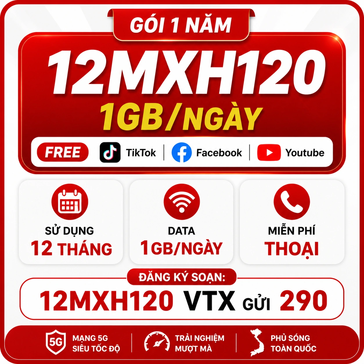 Gói cước 12MXH120 Viettel 1 Năm Free TikTok YouTube Facebook + Thoại