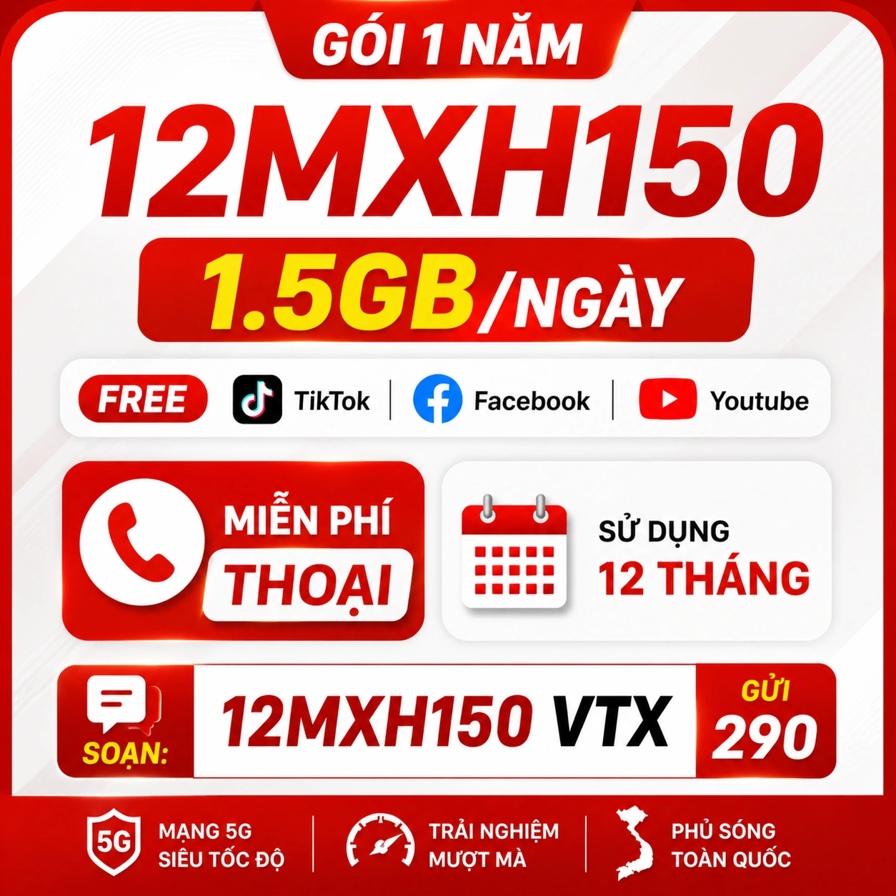 Gói cước 12MXH150 Viettel 1 Năm VIP Combo MXH + Thoại + TV360