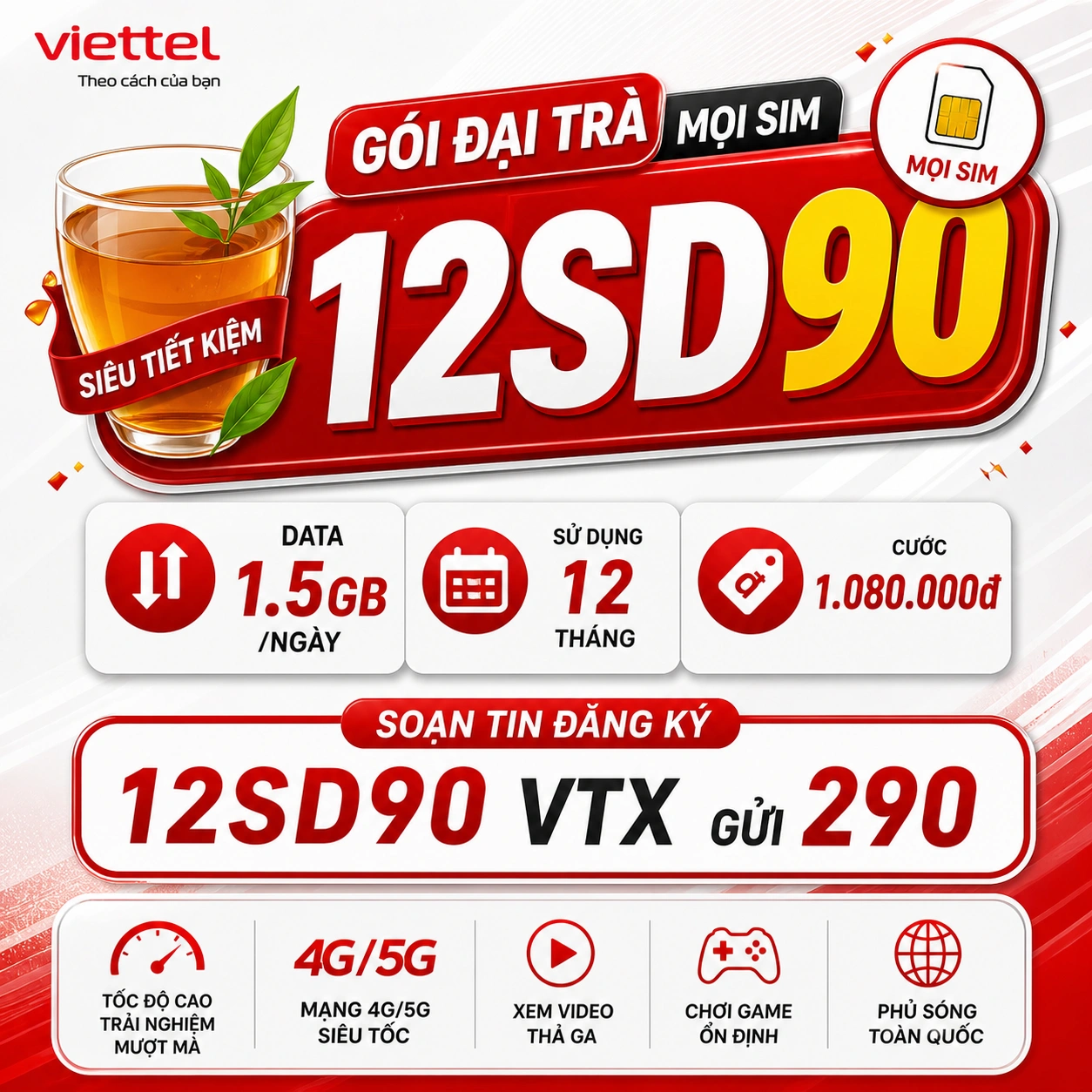 Gói cước 12SD90 Viettel 1 Năm 1.5GB/Ngày Áp Dụng Mọi SIM
