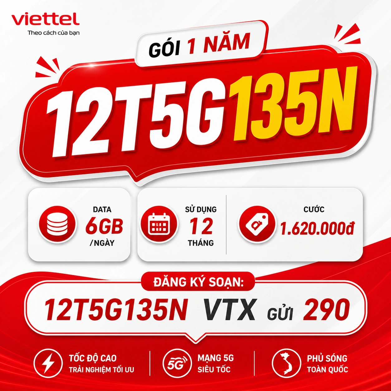 Gói cước 12T5G135N Viettel 1 Năm 6GB/Ngày + Free TV360