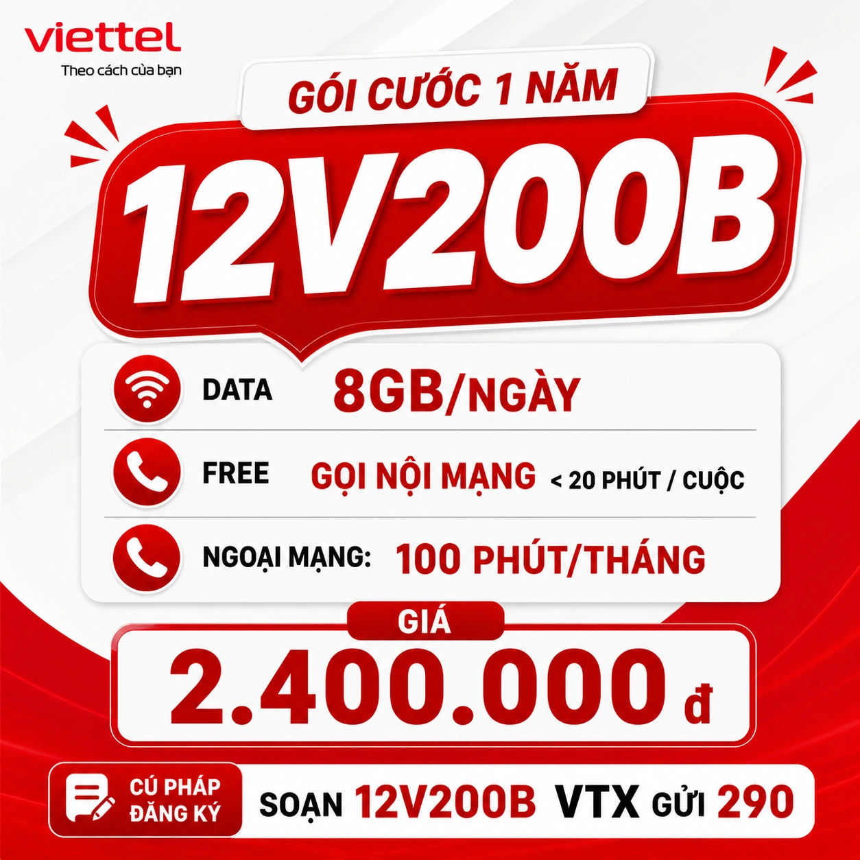 Gói cước 12V200B Viettel 1 Năm VIP 8GB/Ngày + Thoại + TV360