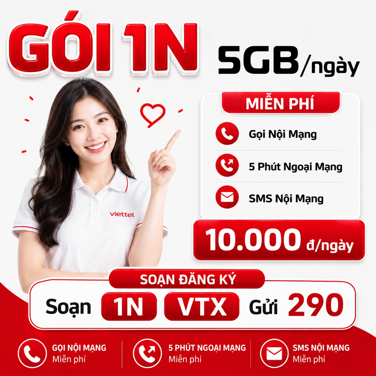 Gói 1N Viettel - 5GB Data + Free Gọi 1 ngày chỉ 10K không tự gia hạn