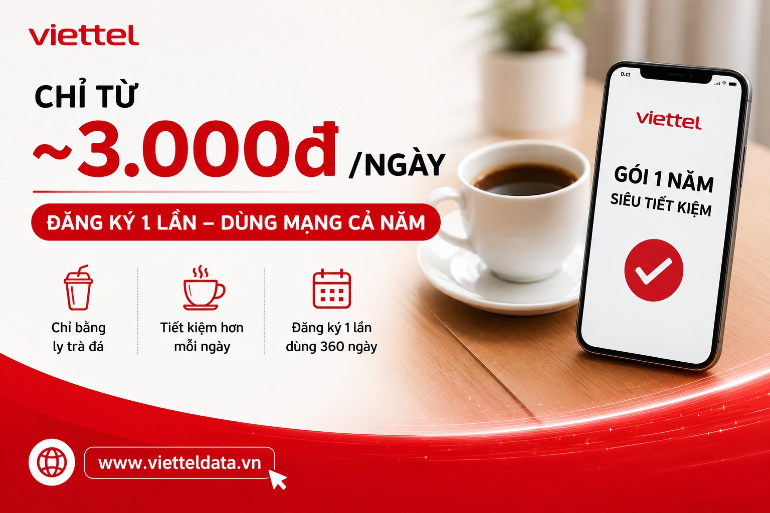 Gói cước Viettel 1 Năm Chỉ Từ 3.000đ/ngày