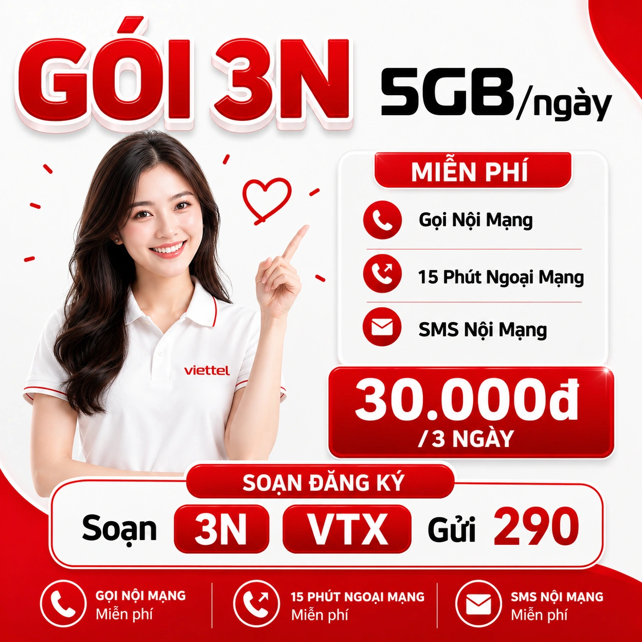 Gói 3N Viettel - 15GB Data + Free Gọi 3 ngày chỉ 30K tự gia hạn
