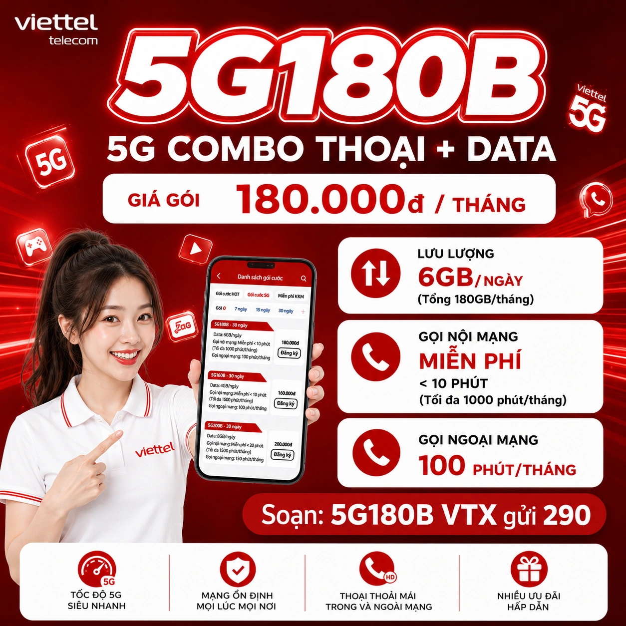 Gói 5G180B Viettel - Đăng ký nhận 180GB Data 5G + Free thoại nội mạng + 100 phút ngoại mạng + TV360 Basic