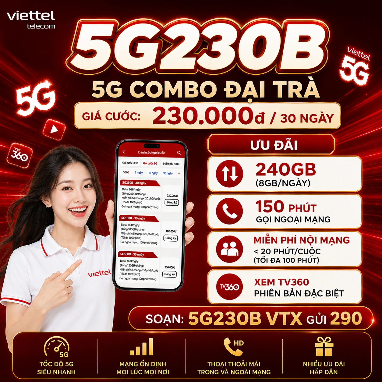 Gói 5G230B Viettel - Đăng ký nhận 240GB Data 5G + Free thoại nội mạng dưới 20 phút + 150 phút ngoại mạng + TV360 4K