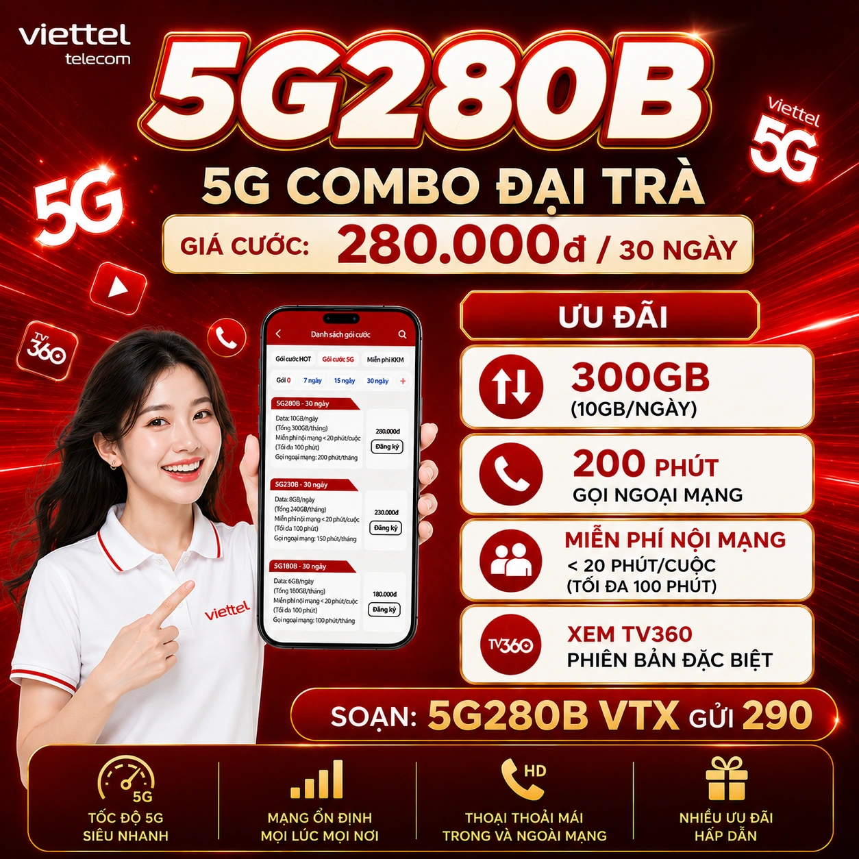 Gói 5G280B Viettel - Đăng ký nhận 300GB Data 5G + Free thoại nội mạng dưới 20 phút + 200 phút ngoại mạng + TV360 4K