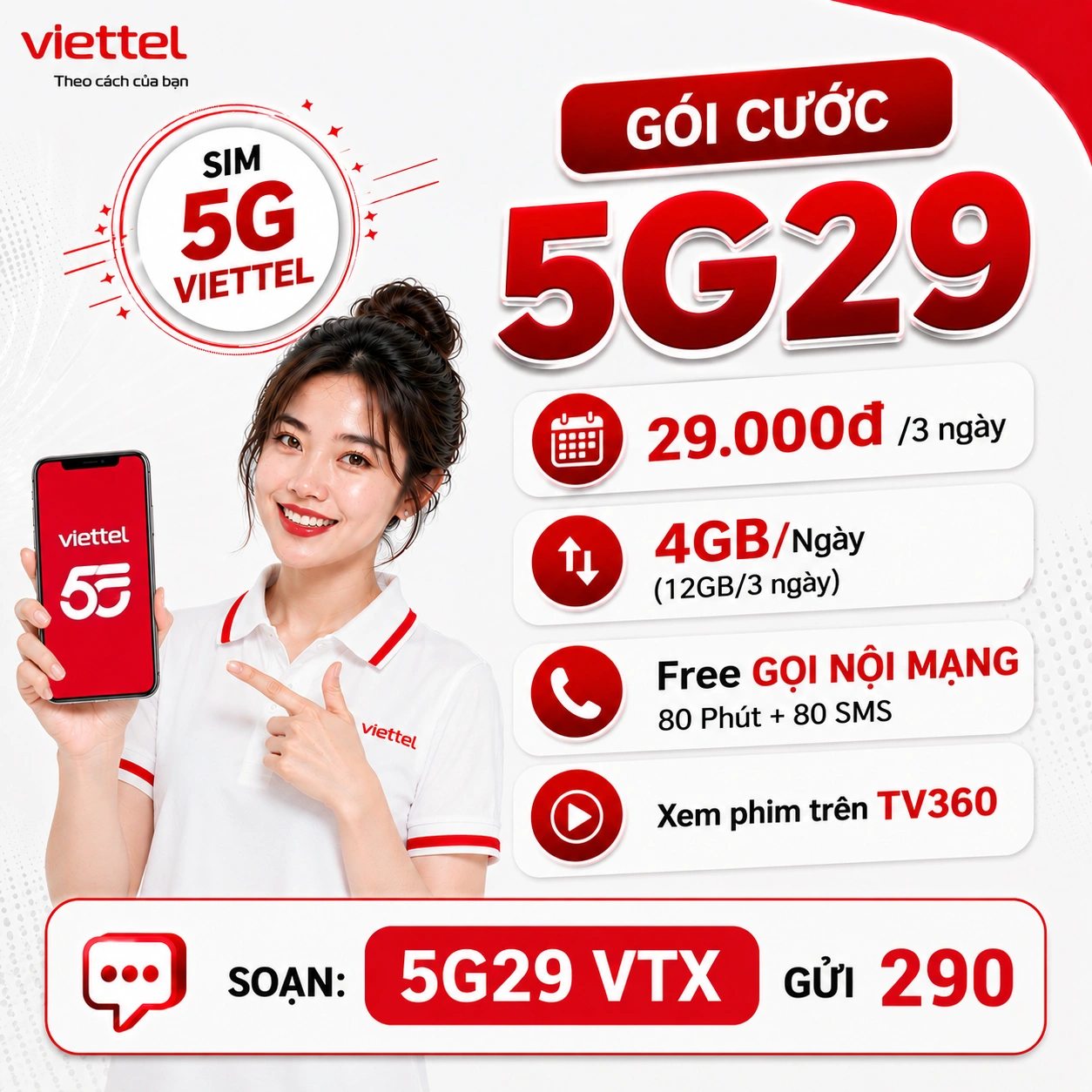 Cách đăng ký 4G/5G Viettel soạn tin nhắn: TÊN Gói ID gửi 290 (ví dụ SD90 ID gửi 290)