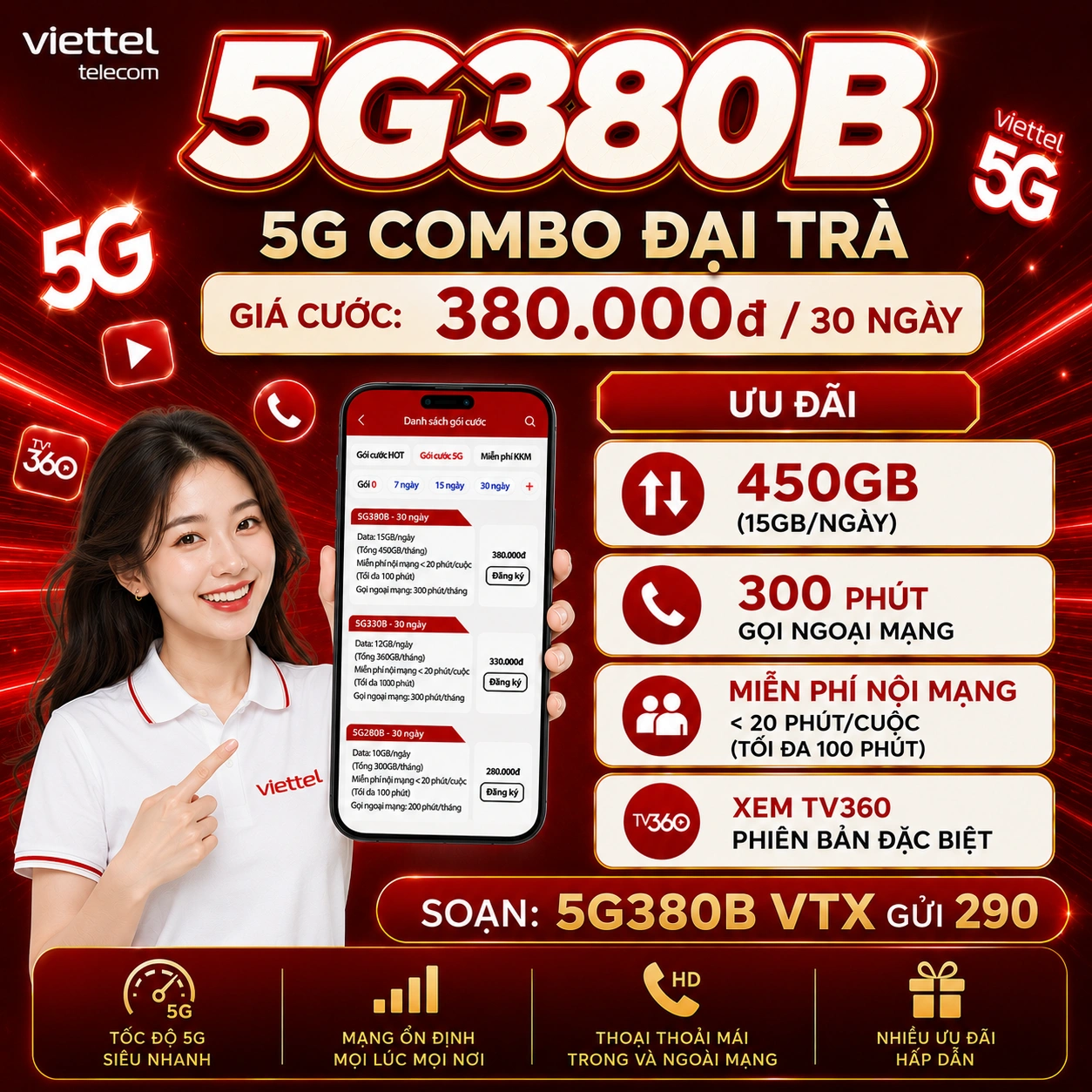 Gói 5G380B Viettel - Đăng ký nhận 450GB Data 5G + Free thoại nội mạng dưới 20 phút + 300 phút ngoại mạng + TV360 4K