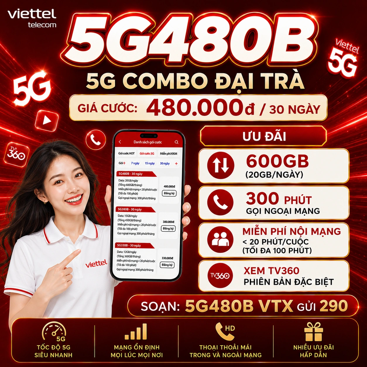 Gói 5G480B Viettel - Đăng ký nhận 600GB Data 5G + Free thoại nội mạng dưới 20 phút + 300 phút ngoại mạng + TV360 4K