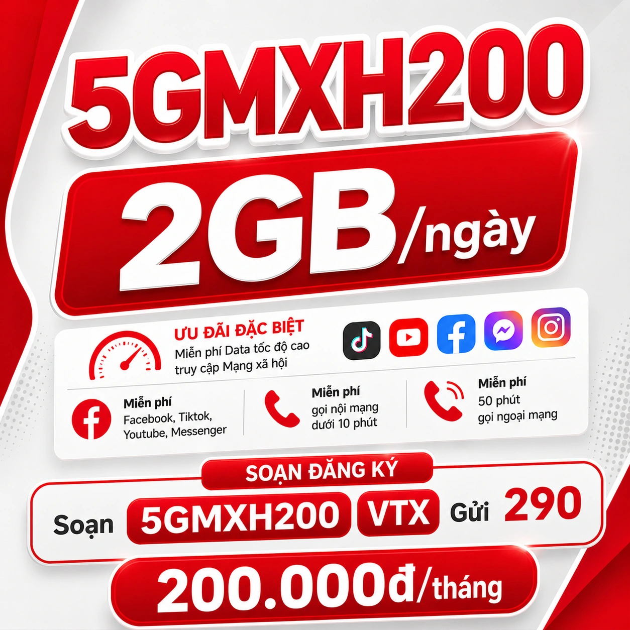 Gói 5GMXH200 Viettel - Combo MXH 5G 2GB/ngày + 150GB TikTok YouTube Facebook