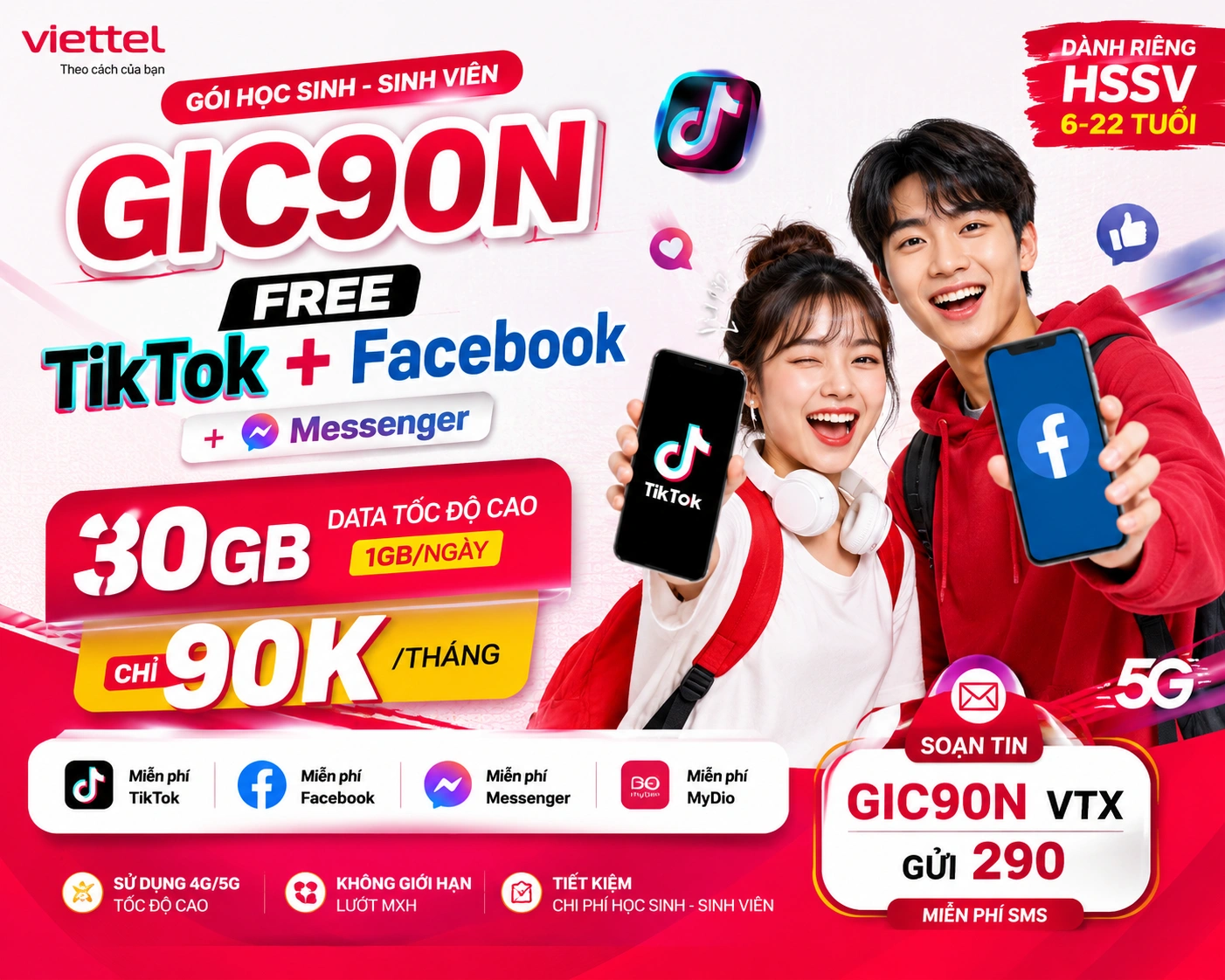 GIC90N Viettel – Gói Cước Free TikTok, Facebook