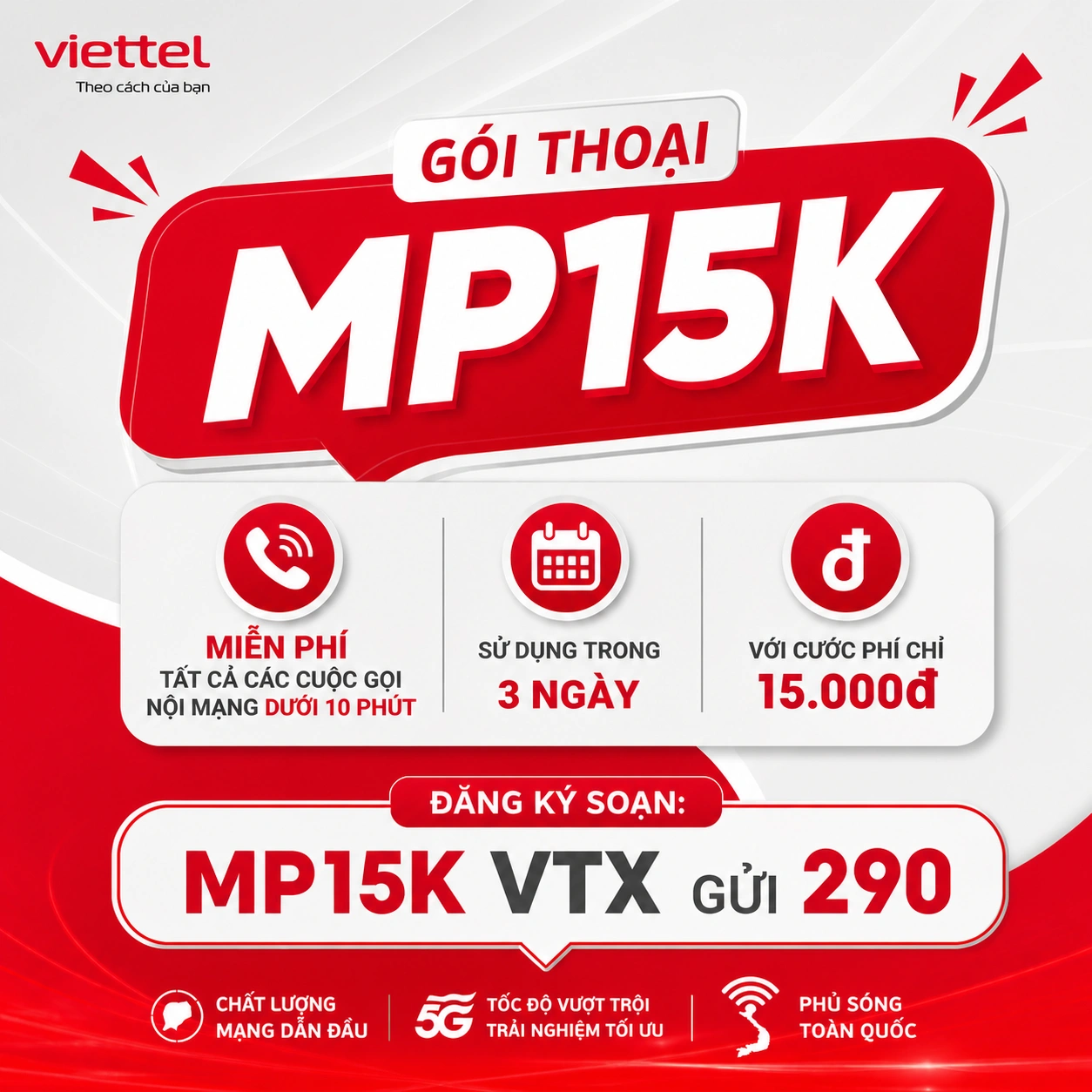 Gói MP15K Viettel - Miễn Phí Gọi Nội Mạng 3 Ngày Chỉ 15K Free <10p/cuộc Vô Hạn