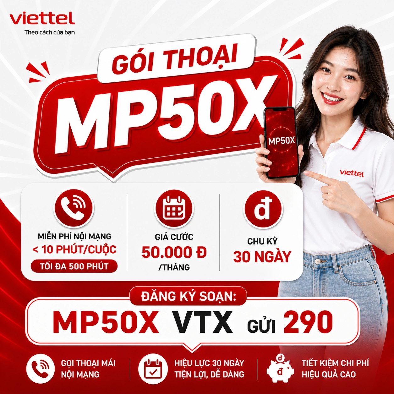 Gói MP50X Viettel - Thoại nội mạng tháng 50K free 10 phút mỗi cuộc max 500 phút