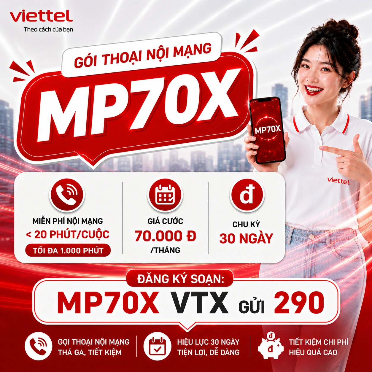 Gói MP70X Viettel - Thoại nội mạng tháng 70K free 20 phút mỗi cuộc max 1000 phút