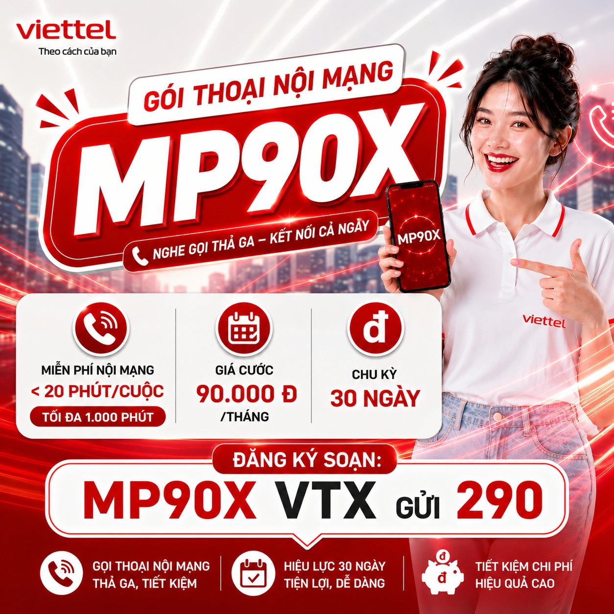 Gói MP90X Viettel - Thoại nội mạng tháng 90K free 20 phút mỗi cuộc max 1000 phút