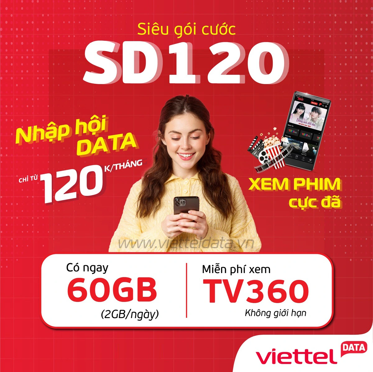Gói SD120 Viettel – 2GB/ngày, 60GB/tháng, miễn phí TV360 Basic