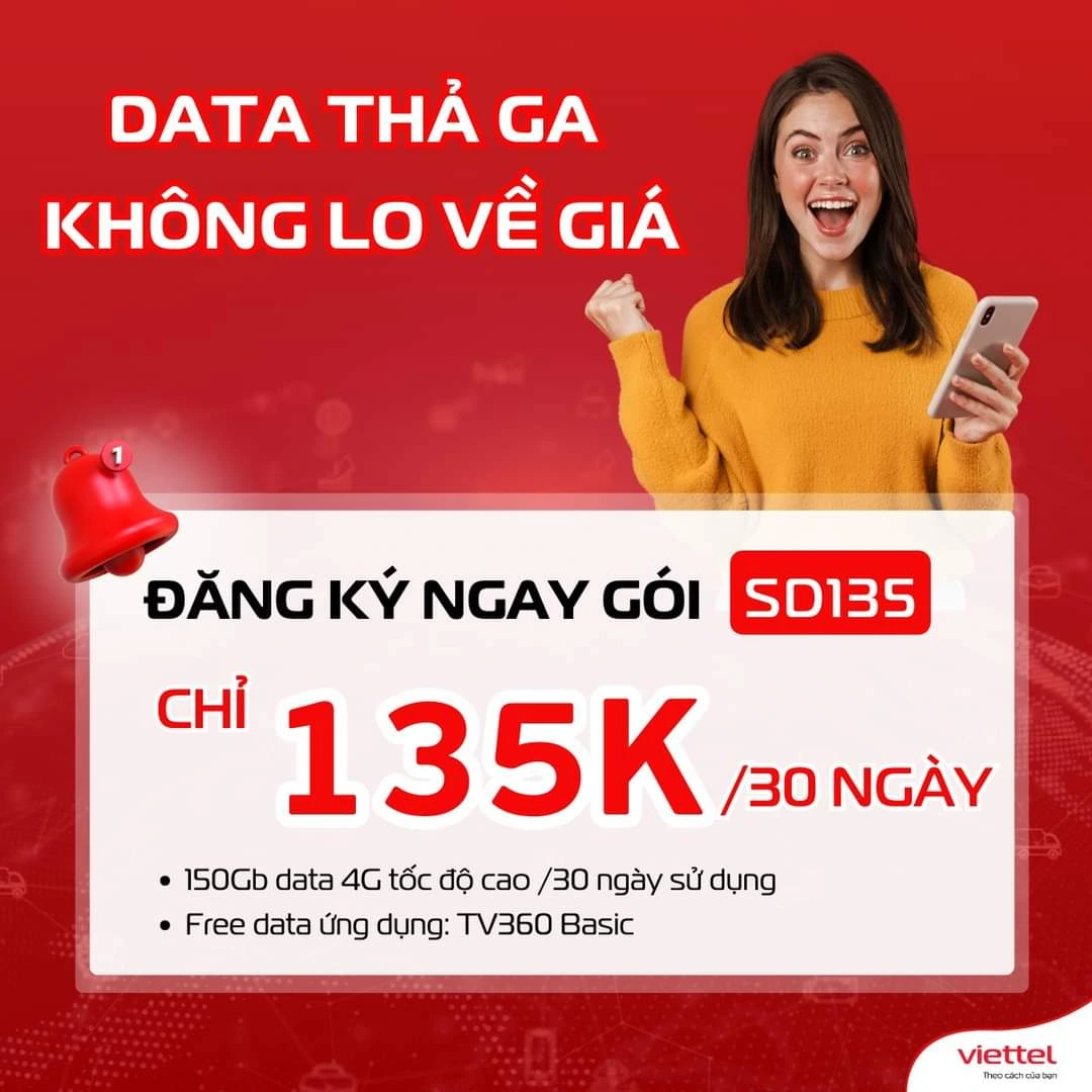 Gói SD135 Viettel – 5GB/ngày, 150GB/tháng, miễn phí TV360 Basic