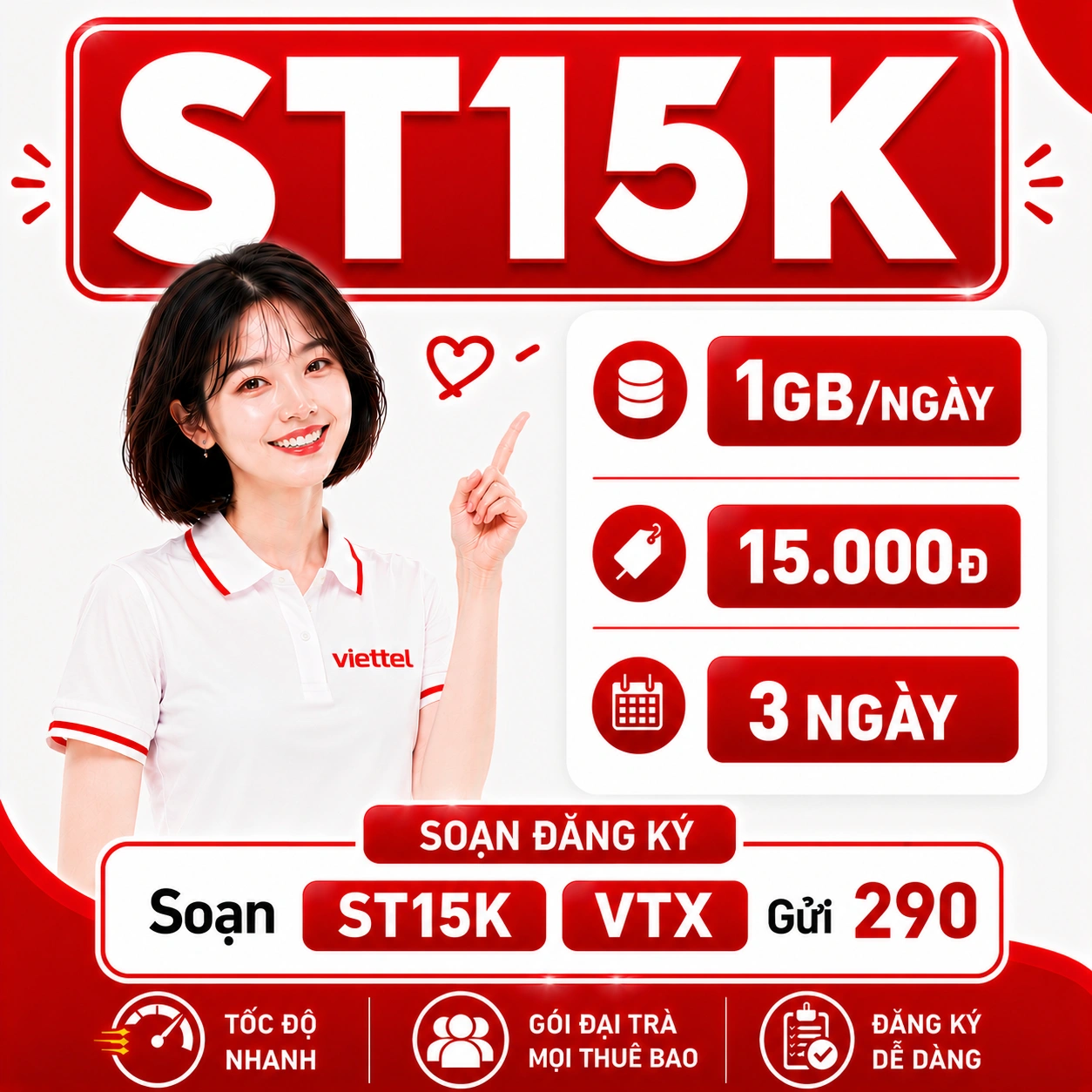 Gói ST15K Viettel - 3GB Data 3 ngày chỉ 15K - Tiết kiệm nhất