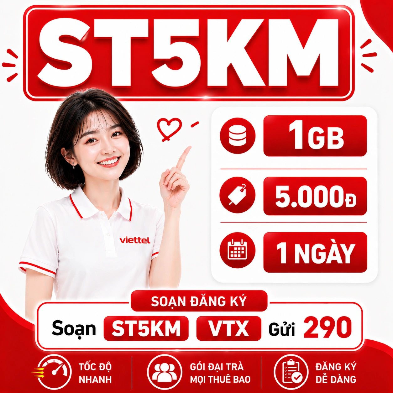 Gói ST5KM Viettel – Gói 4G 5K 1 ngày 1GB