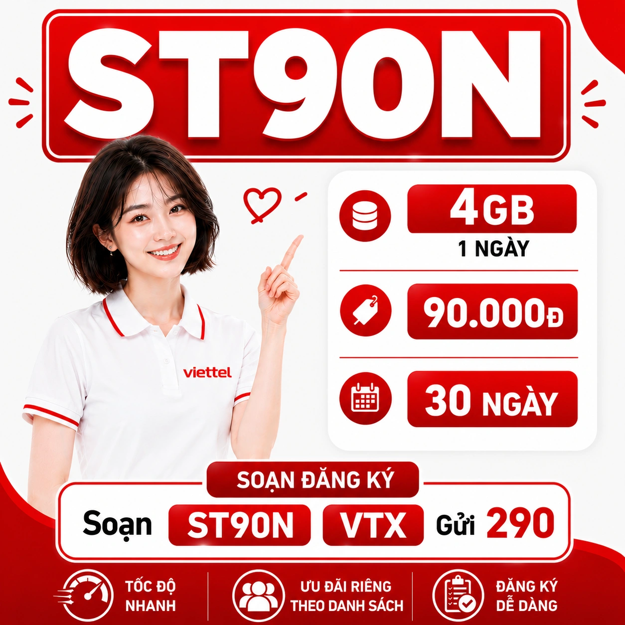 Gói ST90N Viettel - 4GB/ngày 120GB/tháng giá ưu đãi 90K - Gói N tiêu dùng thấp