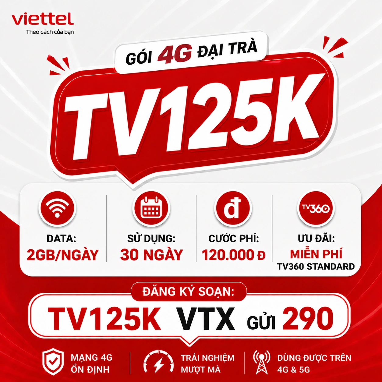 Gói TV125K Viettel - Combo 2GB/ngày + TV360 Standard mở rộng VTVCab phim bom tấn