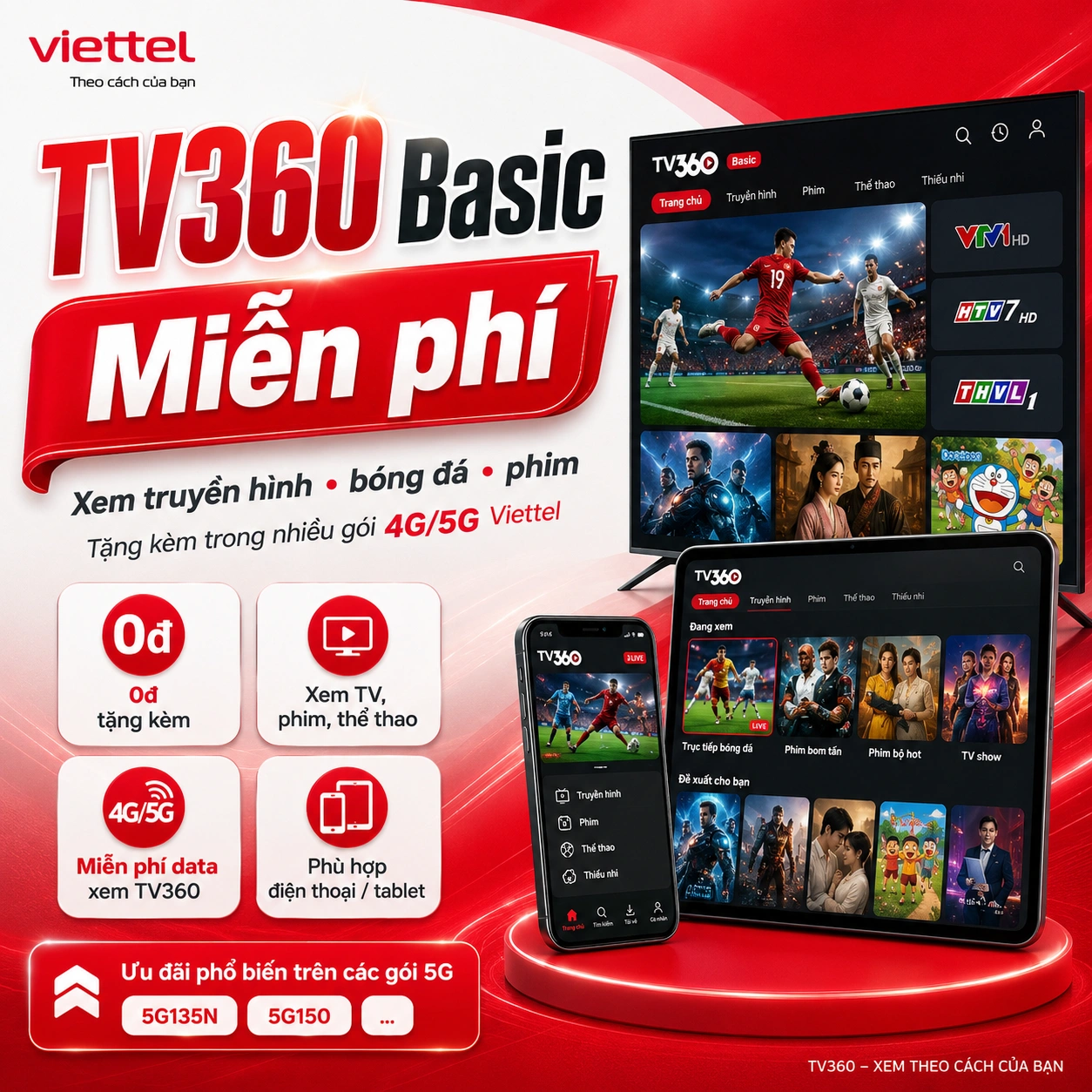 Gói TV360 Basic miễn phí kèm gói cước 4G/5G Viettel — xem 110+ kênh trên điện thoại