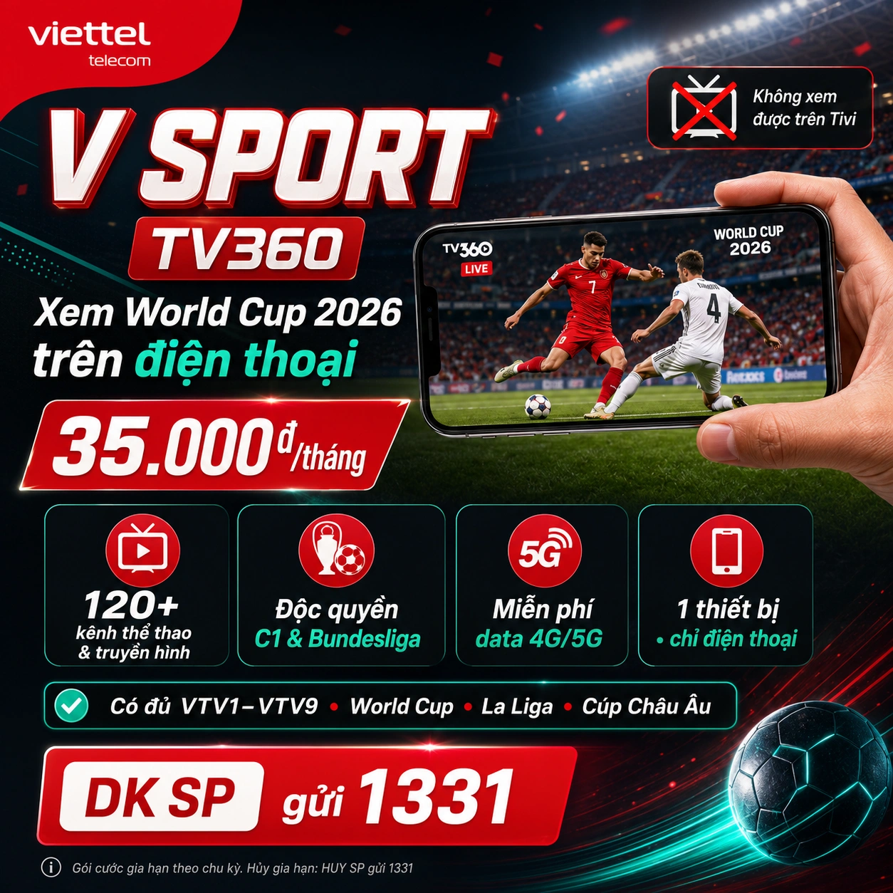 Gói V Sport TV360 35k — xem World Cup 2026, C1, Bundesliga trên điện thoại, miễn phí data