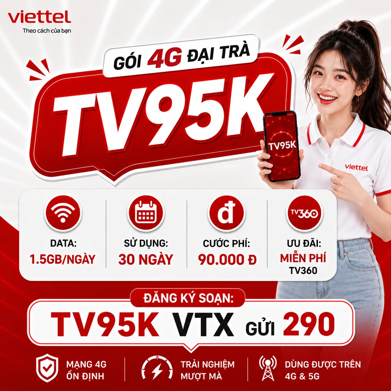 Gói TV95K Viettel - Combo 1.5GB/ngày + TV360 Standard miễn phí xem VTV HTV phim HD