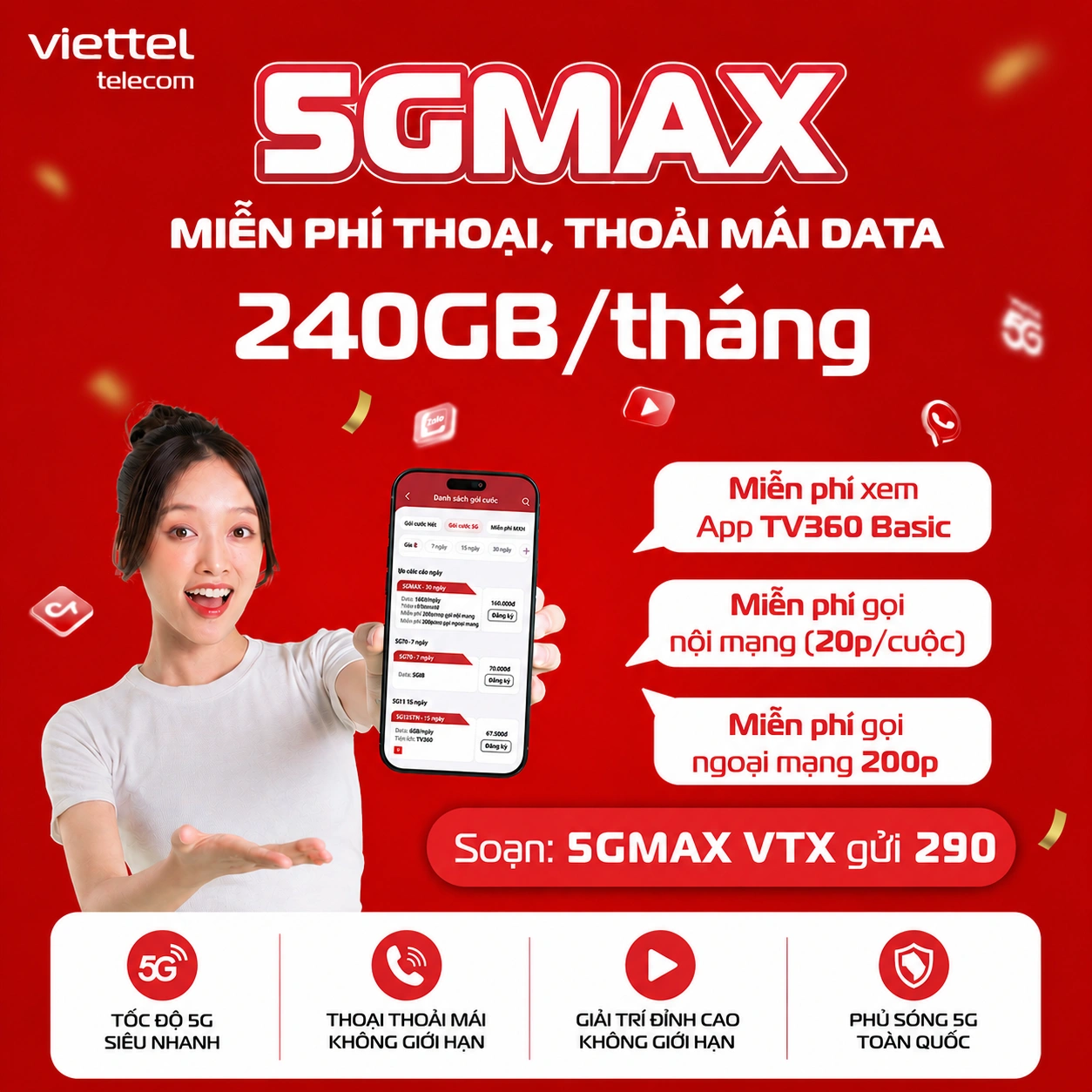 Gói 5GMAX Viettel - Combo 240GB Data 5G + Miễn phí thoại nội mạng + 200 phút ngoại mạng cho thuê bao TP.HCM