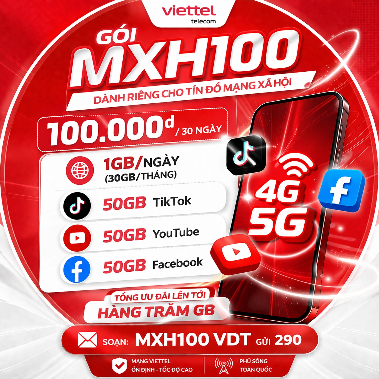 Gói MXH100 Viettel 2026 - Free 50GB Data TikTok YouTube Facebook