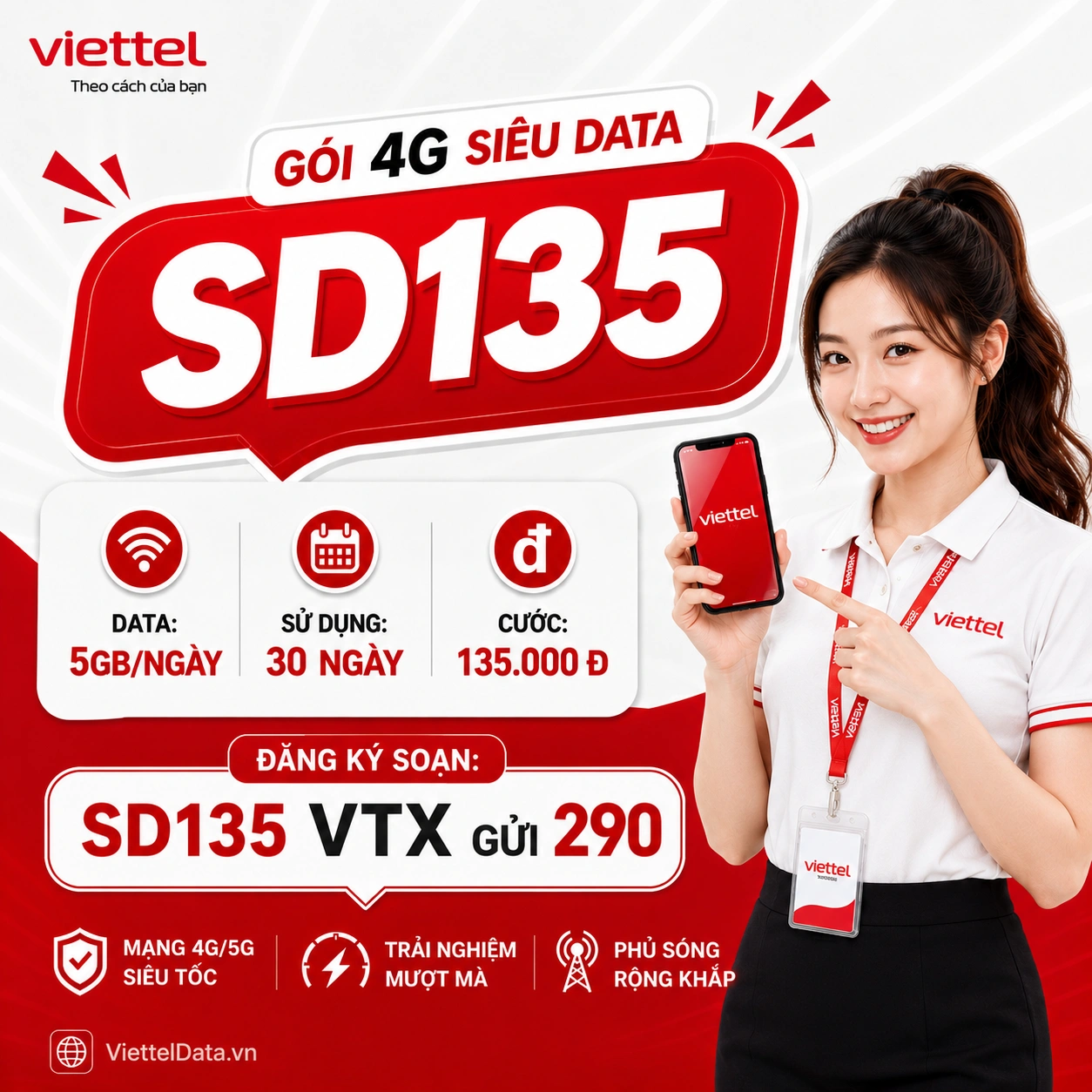 SD135 Viettel - Gói Cước 5GB/Ngày Giá 135K/Tháng