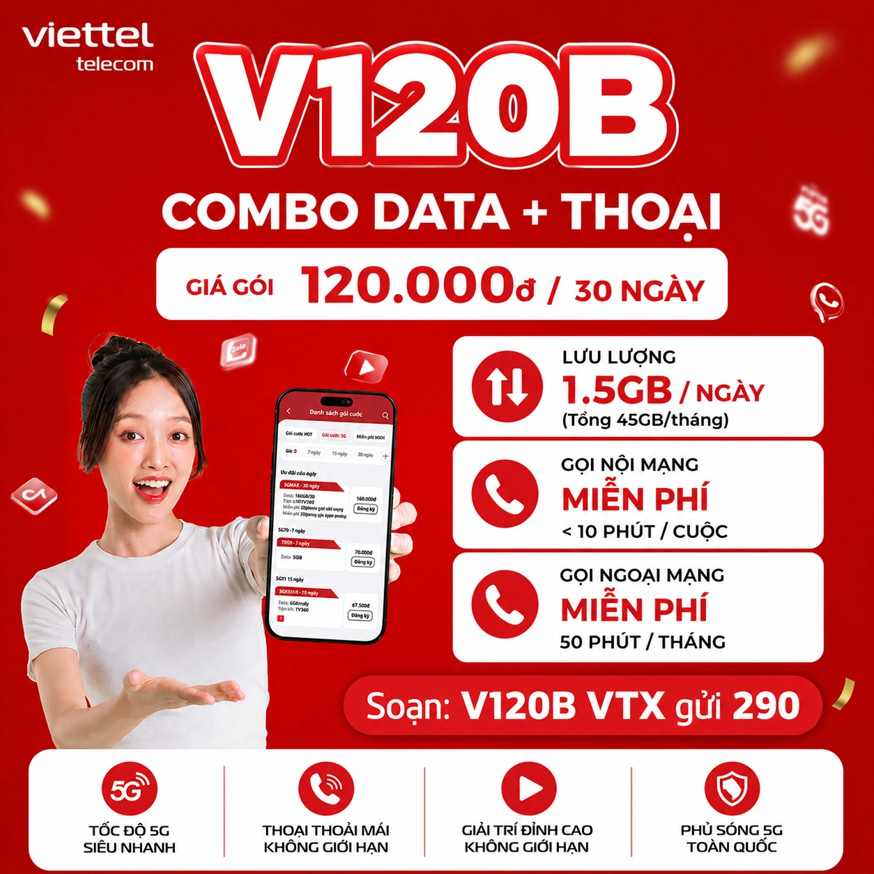 Gói V120B Viettel - Đăng ký nhận 45GB Data + Miễn phí thoại nội mạng + 50 phút ngoại mạng + TV360 Mobile