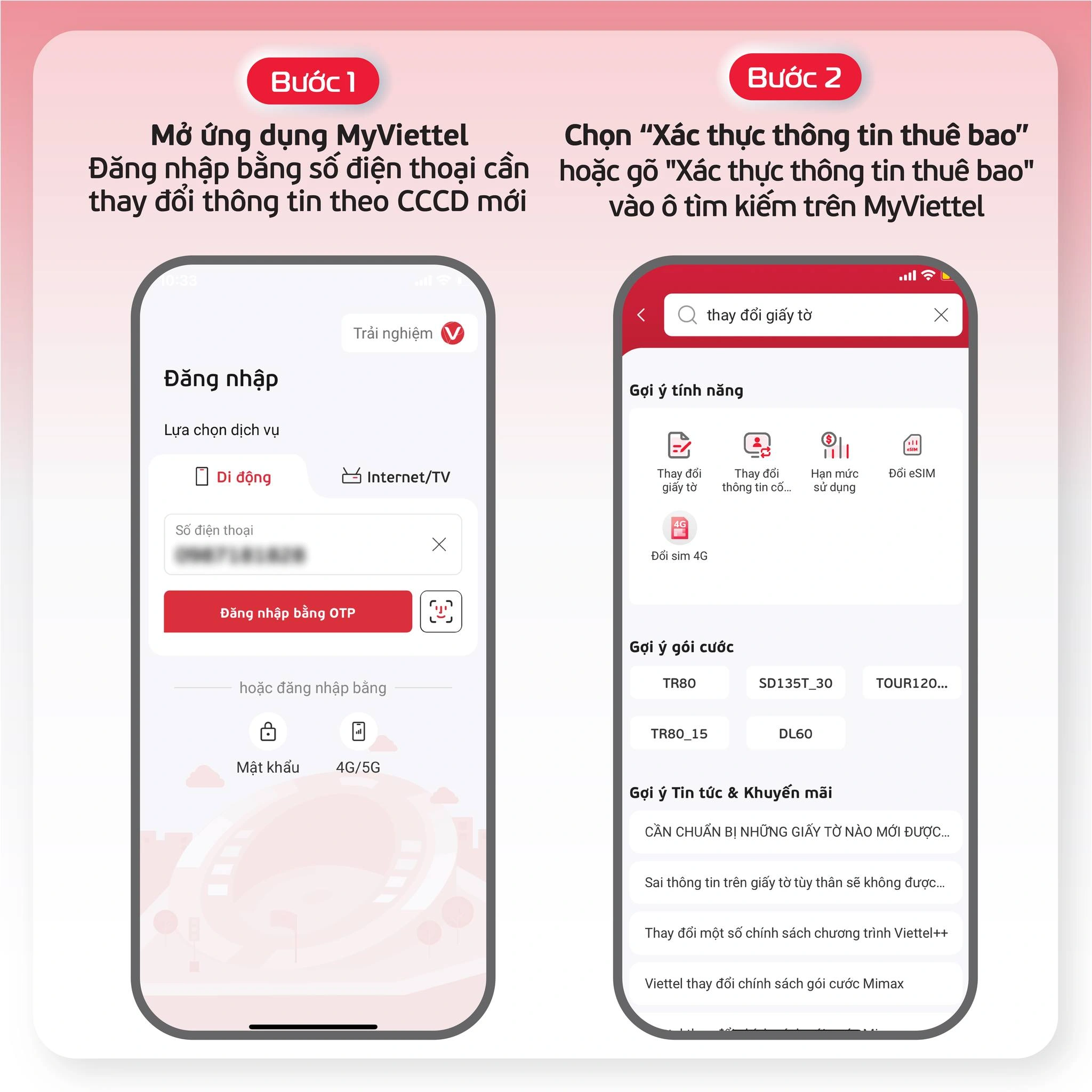 Hướng dẫn chuẩn hóa thông tin thuê bao trên My Viettel Bước 1-2