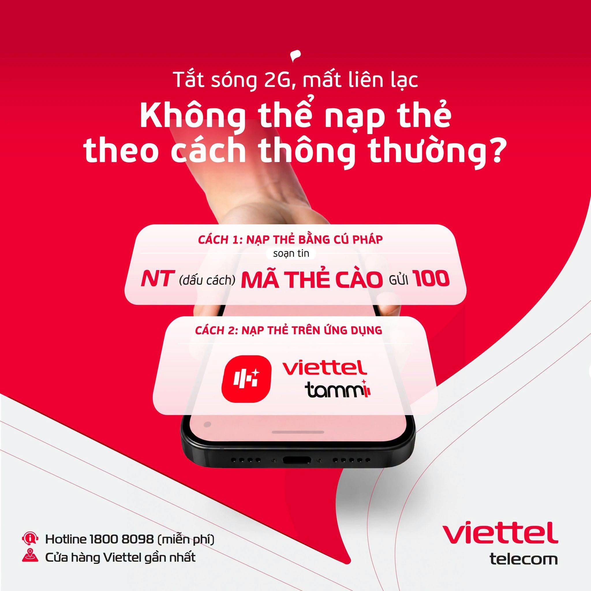 Cách nạp thẻ Viettel khi tắt sóng 2G bằng SMS gửi 100 và Viettel Tammi