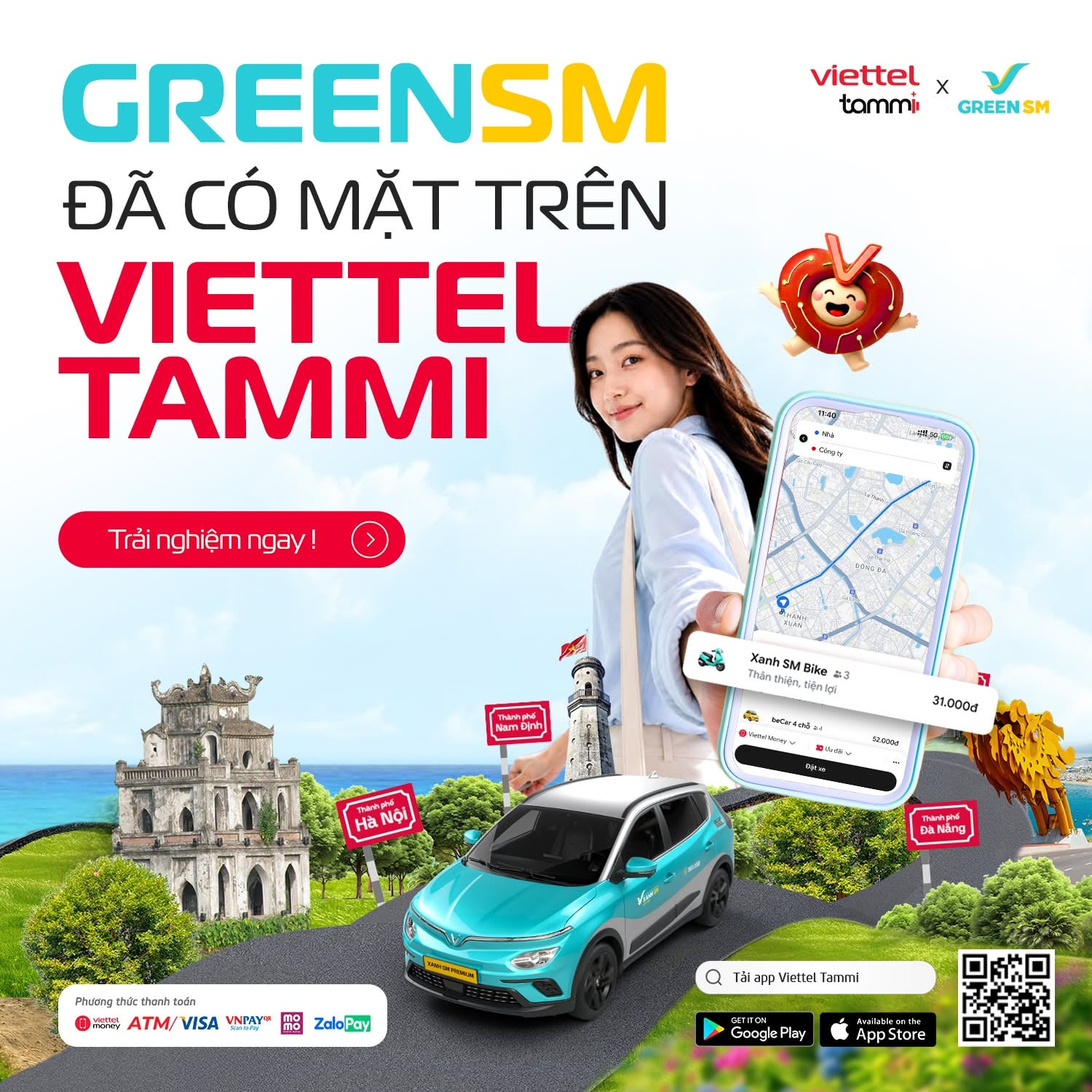 Đặt xe Xanh SM trên Viettel Tammi