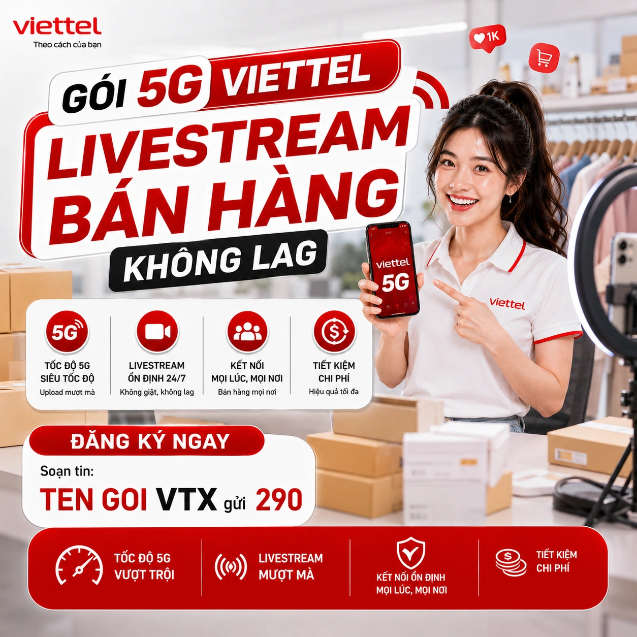 Gói 5G Viettel Livestream TikTok Không Lag 2026 - 12T5G125, 5G150N, 5G135N - Đăng ký SMS VTX 290