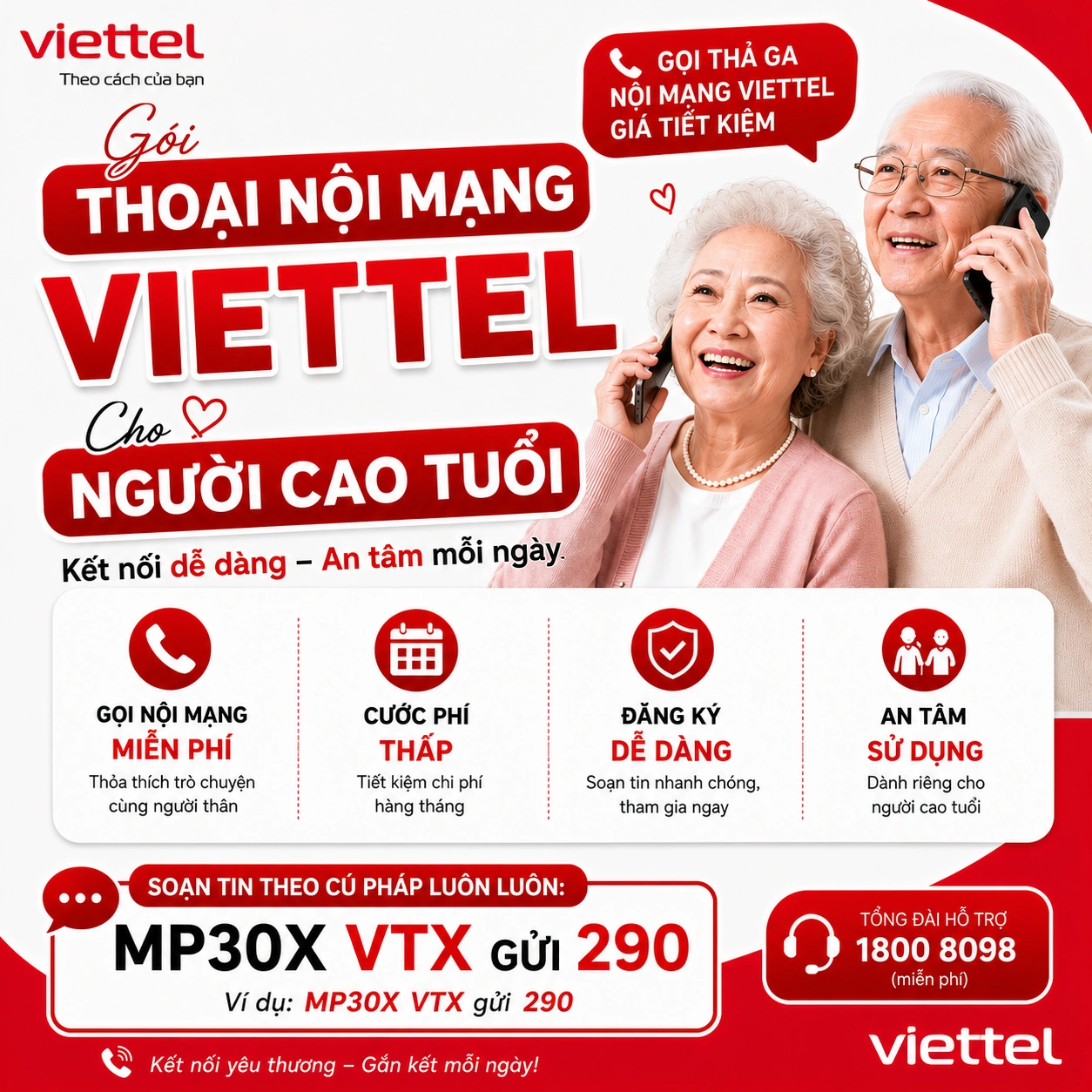 Gói cước gọi nội mạng Viettel cho người lớn tuổi 2026 - MP30X, MP70X, MP50S giá rẻ